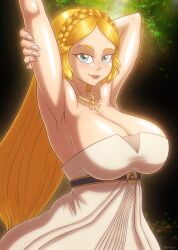 Rule 34 | 1girl, armpits, arms behind head, beg4cake, blonde hair, breasts, cleavage, dress, elf, highres, large breasts, long hair, looking at viewer, nintendo, pointy ears, princess, princess zelda, seductive smile, shiny skin, smile, the legend of zelda, the legend of zelda: breath of the wild
