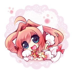 Rule 34 | 10s, 1girl, animal ears, animal hands, bell, blue eyes, cat ears, cat tail, chibi, collar, cure melody, dress, fangs, gloves, kemonomimi mode, long hair, looking at viewer, melody sinclair, neck bell, open mouth, paw gloves, paw print, paw shoes, pink hair, precure, ribbon, shoes, sitting, skirt, smile, solo, suite precure, tail, tail ornament, tail ribbon, usoneko, yellow dress, yellow skirt, yuukyuu gensoukyoku