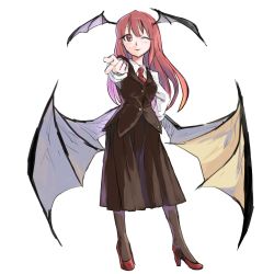 Rule 34 | 1girl, ;), bat wings, dress shirt, embodiment of scarlet devil, female focus, foreshortening, formal, full body, head wings, high heels, koakuma, large wings, long sleeves, low wings, one eye closed, pantyhose, pointing, red eyes, red hair, sape (saperon black), shirt, shoes, skirt, skirt set, smile, solo, standing, touhou, transparent background, vest, white shirt, wings, wink