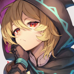 Rule 34 | 1girl, alex (dragalia lost), blonde hair, closed mouth, dragalia lost, hand on own face, highres, hood, hood up, looking at viewer, nakabayashi zun, red eyes, solo