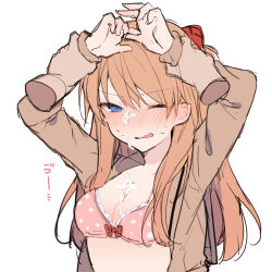 Rule 34 | 1girl, bad id, bad tumblr id, blue eyes, blush, bow, bow bra, bra, breasts, cleavage, cum, disembodied limb, facial, flat color, grey shirt, hair between eyes, half-closed eyes, hands up, headgear, highres, holding another&#039;s wrist, ikeuchi tanuma, light brown hair, long hair, long sleeves, neon genesis evangelion, neon genesis evangelion gakuen datenroku, nose blush, one eye closed, open clothes, open shirt, pink bra, restrained, school uniform, serafuku, shirt, simple background, small breasts, solo focus, souryuu asuka langley, sweatdrop, underwear, upper body, v-shaped eyebrows, wavy mouth, white background