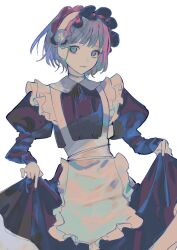 Rule 34 | 1girl, apron, black dress, blue eyes, blunt bangs, choker, closed mouth, clothes lift, collared dress, cowboy shot, dress, dress lift, highres, juliet sleeves, long sleeves, looking at viewer, maid, maid apron, maid headdress, nemuke2828, original, puffy sleeves, short hair, simple background, sketch, solo, white apron, white background