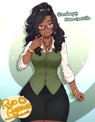 Rule 34 | 1girl, agawa ryou, artist name, bad id, bad tumblr id, black hair, borrowed character, bow, bracelet, breasts, brown eyes, cleavage, commentary, curvy, dark-skinned female, dark skin, glasses, green bow, hair bow, jewelry, large breasts, long hair, looking at viewer, mole, mole under eye, nail polish, necklace, orange eyes, original, signature, skirt, solo, thick thighs, thighs, very dark skin, wide hips
