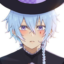 Rule 34 | 1boy, absurdres, black hat, black shirt, blue hair, blush, braid, commentary request, crossed bangs, diamond facial mark, expressionless, frilled shirt, frills, hair between eyes, hat, highres, kazamine (lenkontips), long bangs, looking at viewer, mahjong soul, male focus, parted lips, portrait, purple eyes, ryan (mahjong soul), shirt, short hair, side braid, simple background, single braid, solo, top hat, white background