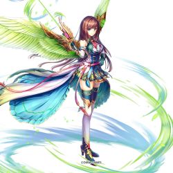 Rule 34 | 1girl, aqua eyes, bare shoulders, breasts, brown hair, commentary request, copyright name, full body, hand on own hip, high heels, holding, holding sword, holding weapon, kamihime project, looking at viewer, medium breasts, overskirt, pelvic curtain, pleated skirt, simple background, skirt, smile, solo, standing, sword, thighhighs, weapon, white background, wings, zettai ryouiki