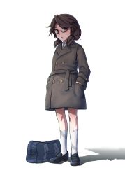 Rule 34 | 1girl, absurdres, bag, black footwear, brown coat, brown hair, buttons, coat, double-breasted, duffel bag, glasses, hand in pocket, highres, kusiyan, looking at viewer, open mouth, red-framed eyewear, shadow, socks, solo, touhou, usami sumireko, white background, white socks