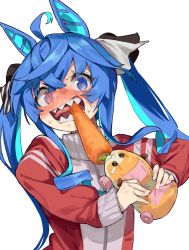Rule 34 | 1girl, @ @, animal ears, blue eyes, blue hair, carrot, commentary request, crossover, guinea pig, heterochromia, highres, horse ears, horse girl, horse tail, molcar, nonco, potato (pui pui molcar), pui pui molcar, purple eyes, season connection, sharp teeth, simple background, tail, teeth, track suit, tug of war, twin turbo (umamusume), twintails, umamusume, upper body, white background