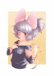Rule 34 | 1girl, alternate costume, animal ears, artist name, bbb (33kudo), blush, breasts, closed mouth, clothing cutout, collarbone, commentary request, cropped torso, expressionless, grey hair, grey hoodie, hair ornament, hair scrunchie, hand up, high ponytail, highres, hood, hood down, hoodie, long sleeves, looking at viewer, medium bangs, mouse ears, mouse girl, mouse tail, nazrin, red eyes, scrunchie, short hair, short ponytail, shoulder cutout, small breasts, solo, tail, touhou, upper body, white background, yellow background