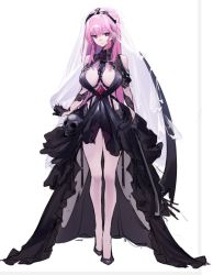 Rule 34 | 1girl, alternate costume, bare legs, black dress, black footwear, black gloves, breasts, bridal veil, center opening, closed mouth, clothing cutout, dress, earrings, frilled dress, frills, full body, gloves, holding, holding scythe, hololive, hololive english, jewelry, large breasts, long hair, looking at viewer, mori calliope, pink eyes, pink hair, scythe, see-through, shoes, shoulder cutout, simple background, skull, solo, standing, straight hair, thighs, tiara, unfinished, veil, virtual youtuber, wedding dress, white background, yaguo
