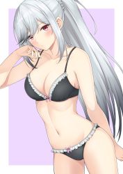 Rule 34 | 1girl, arm behind back, arm up, azur lane, black bra, black panties, blush, bra, braid, breasts, cleavage, closed mouth, collarbone, dunkerque (azur lane), feet out of frame, french braid, highres, long hair, looking at viewer, medium breasts, navel, panties, ponytail, red eyes, rei (09991), silver hair, simple background, solo, standing, underwear