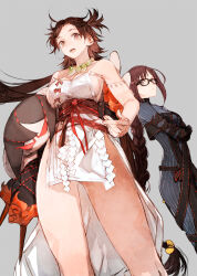 Rule 34 | 2girls, bare shoulders, black dress, black gloves, body markings, braid, braided ponytail, breasts, brown eyes, brown hair, cleavage, closed mouth, commentary request, crossed arms, dress, earrings, elbow gloves, facial mark, fate/grand order, fate (series), fingernails, forehead, forehead mark, glasses, gloves, grey background, grey dress, highres, himiko (fate), himiko (first ascension) (fate), jewelry, large breasts, layered dress, long hair, looking at viewer, magatama, magatama necklace, medium breasts, multiple earrings, multiple girls, necklace, no bra, no panties, official art, open mouth, ribbed dress, sash, side slit, sideboob, simple background, single braid, smile, stuffed toy, thighs, toi8, topknot, twintails, very long hair, white dress, yu mei-ren (fate), yu mei-ren (first ascension) (fate)