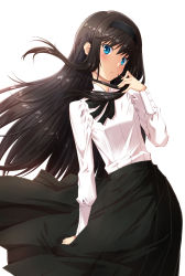 Rule 34 | 1girl, :c, black hair, black ribbon, black skirt, blue eyes, closed mouth, commentary request, floating hair, hairband, hand up, highres, izumi mahiru, light blush, long hair, long sleeves, looking at viewer, neck ribbon, pleated skirt, ribbon, shirt, shirt tucked in, sidelocks, simple background, skirt, solo, split mouth, tohno akiha, tsukihime, white background, white shirt