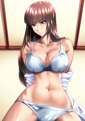 Rule 34 | 1girl, black eyes, blunt bangs, bra, breasts, brown hair, cleavage, closed mouth, clothes pull, commentary request, dress shirt, eyes visible through hair, girls und panzer, half-closed eyes, highres, indoors, large breasts, long hair, looking at viewer, miraino tsubasa, navel, nishizumi shiho, panties, partial commentary, pulled by self, shirt, shirt pull, smile, solo, straight hair, string panties, underwear, undressing, white bra, white panties, white shirt