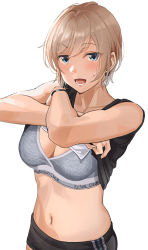Rule 34 | 1girl, :d, bad id, bad twitter id, bare arms, black buruma, black shirt, blue eyes, blush, bra, brand name imitation, breasts, buruma, cleavage, clothes lift, collarbone, crossed arms, earrings, grey bra, jewelry, lifted by self, light brown hair, looking at viewer, lower teeth only, medium breasts, navel, open mouth, original, shirt, shirt lift, short hair, simple background, sleeveless, sleeveless shirt, smile, solo, striped buruma, striped clothes, sweatdrop, teeth, tipii, underwear, undressing, watch, white background