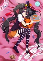 Rule 34 | 1girl, amano kouki, bed sheet, black hair, black hat, blush, bow, candy, candy wrapper, chocolate chip cookie, closed mouth, commentary request, cookie, food, hair between eyes, hair ribbon, halloween, hat, hat bow, highres, jack-o&#039;-lantern, jack-o&#039;-lantern ornament, lollipop, long hair, looking at viewer, lying, mini hat, mini top hat, no shoes, note-chan, on side, orange skirt, original, purple eyes, purple shirt, red ribbon, ribbon, shirt, short sleeves, skirt, solo, striped clothes, striped thighhighs, swirl lollipop, thighhighs, top hat, trick or treat, twintails, very long hair, yellow bow