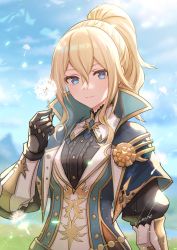 Rule 34 | 1girl, absurdres, anbe yoshirou, blonde hair, blue eyes, breasts, closed mouth, cloud, dandelion, dandelion seed, day, flower, gauntlets, genshin impact, highres, holding, jacket, jean (genshin impact), jean (gunnhildr&#039;s legacy) (genshin impact), long hair, mixed-language commentary, official alternate costume, outdoors, ponytail, sidelocks, signature, sky, solo, upper body