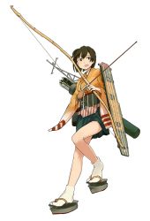 Rule 34 | 10s, 1girl, archery, arrow (projectile), blush, bow (weapon), breasts, brown eyes, brown hair, clog sandals, flight deck, full body, gloves, hiryuu (kancolle), japanese clothes, kantai collection, kyuudou, long sleeves, official art, okobo, open mouth, partially fingerless gloves, partly fingerless gloves, personification, quiver, radio antenna, sandals, shibafu (glock23), short hair, side ponytail, single glove, skirt, smile, solo, tabi, transparent background, weapon, wide sleeves, yugake