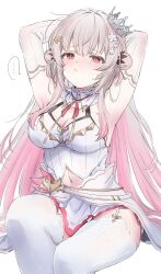 Rule 34 | ..., 1girl, armpits, arms up, blush, breasts, cleavage, closed mouth, clothing cutout, collar, commentary request, crown, double bun, elbow gloves, feet out of frame, garter straps, gloves, grey hair, hair bun, highres, indie virtual youtuber, large breasts, looking at viewer, medium bangs, mini crown, navel, navel cutout, neck ribbon, pink hair, red eyes, red ribbon, ribbon, shirana tamana, shirt, sidelocks, simple background, sitting, skirt, sleeveless, sleeveless shirt, solo, spoken ellipsis, suou patra, thighhighs, virtual youtuber, white background, white collar, white gloves, white shirt, white skirt, white thighhighs