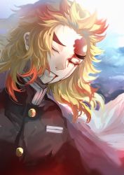 Rule 34 | 1boy, absurdres, black jacket, blonde hair, blood, blood from mouth, blood on face, cape, closed mouth, closed eyes, floating hair, highres, honmou (pixiv64700875), jacket, kimetsu no yaiba, long hair, male focus, multicolored hair, red hair, rengoku kyoujurou, solo, two-tone hair, upper body, white cape