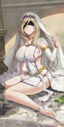 Rule 34 | 10s, 1girl, absurdres, blindfold, blonde hair, blush, breasts, collarbone, covered erect nipples, goblin slayer!, high heels, highres, jewelry, large breasts, long hair, necklace, no bra, no panties, parted lips, sendo (sendrawz), sitting, solo, sword maiden, veil, very long hair, yokozuwari