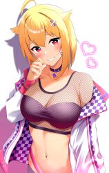 Rule 34 | 1girl, absurdres, ahoge, black choker, black tube top, blonde hair, blush, breasts, choker, cleavage, collarbone, fishnet top, fishnets, heart, heart-shaped pupils, highres, ibuki tsubasa, idolmaster, idolmaster million live!, jacket, jacket partially removed, karua (karua23), large breasts, looking at viewer, navel, red eyes, shadow, smile, solo, stomach, strapless, symbol-shaped pupils, tube top, two-sided fabric, two-sided jacket, upper body