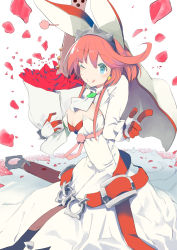 Rule 34 | 1girl, blue eyes, bouquet, breasts, cleavage, dress, elphelt valentine, flower, gloves, guilty gear, guilty gear xrd, highres, holding, holding bouquet, large breasts, long sleeves, looking at viewer, mieharu, one eye closed, open mouth, orange hair, petals, red flower, red rose, rose, smile, solo, tehepero, veil, weapon, white dress
