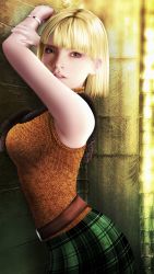 Rule 34 | 1girl, absurdres, artist request, ashley graham, belt, blonde hair, blunt bangs, breasts, capcom, from side, green skirt, highres, large breasts, looking at viewer, non-web source, orange shirt, plaid, plaid skirt, resident evil, resident evil 4, shirt, short hair, skirt, sleeveless, sleeveless shirt, sleeveless turtleneck, solo, source request, turtleneck