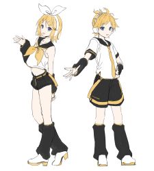 Rule 34 | 1boy, 1girl, :d, absurdres, arm behind back, black sailor collar, black shorts, black sleeves, blonde hair, blue eyes, brother and sister, collarbone, crop top, detached sleeves, hair ornament, hairclip, hand on own hip, headphones, highres, kagamine len, kagamine rin, kneehighs, long sleeves, loose socks, midriff, neckerchief, necktie, open mouth, parted bangs, puffy long sleeves, puffy sleeves, sailor collar, shirt, shoes, short hair, short shorts, short sleeves, shorts, siblings, simple background, sleeveless, sleeveless shirt, smile, socks, syhan, twins, vocaloid, white background, white footwear, white shirt, yellow neckerchief, yellow necktie