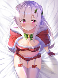 Rule 34 | 1girl, absurdres, ahoge, arm support, azur lane, blunt bangs, blush, breasts, capelet, christmas, cleavage, closed mouth, collarbone, commentary request, cygnet (azur lane), cygnet (holy night&#039;s hymn) (azur lane), firin, from above, garter straps, gloves, hair ornament, highres, light purple hair, long hair, looking at viewer, medium breasts, midriff, navel, pink eyes, red gloves, sitting, solo, thighhighs, white thighhighs