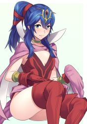 Rule 34 | 1girl, ameno (a meno0), blue eyes, blue hair, blush, breasts, fire emblem, fire emblem awakening, long hair, looking at viewer, lucina (fire emblem), medium breasts, nintendo, ponytail, simple background, sitting, small breasts, smile, solo, tagme, thighs, tiki (adult) (fire emblem), tiki (fire emblem)
