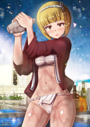 Rule 34 | 1girl, blonde hair, blush, breasts, cutlass (girls und panzer), fundoshi, girls und panzer, highres, japanese clothes, looking at viewer, megadeko, navel, open mouth, outdoors, sarashi, short hair, sky, small breasts, solo, yellow eyes