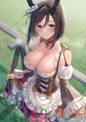 Rule 34 | 1girl, absurdres, animal ears, black hair, blue eyes, breasts, cleavage, collarbone, commentary request, detached sleeves, eishin flash (umamusume), grass, hair ornament, heavy breathing, highres, hitomin (ksws7544), horse ears, horse girl, large breasts, lens flare, looking at viewer, medium hair, solo, sweat, umamusume