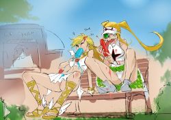 Rule 34 | 10s, 2girls, alternate costume, anger vein, bench, blonde hair, blue eyes, creator connection, crossover, food, hakodate omiko, kill la kill, long hair, long tongue, messy, multiple girls, nail polish, no panties, optionaltypo, panties, panty &amp; stocking with garterbelt, panty (psg), park bench, popsicle, sandals, scope, sexually suggestive, sharp teeth, sitting, teeth, toenail polish, toenails, tongue, tongue out, twintails, underwear, upskirt, visor cap, white panties