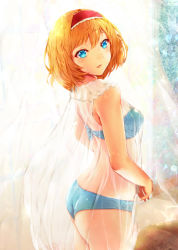 Rule 34 | 1girl, alice margatroid, ass, bandeau, bare arms, bare shoulders, blonde hair, blue bra, blue eyes, blue panties, blush, bra, breasts, commentary request, cowboy shot, curtains, from side, hair between eyes, hairband, highres, lens flare, lips, looking at viewer, looking back, mayonaka taruho, medium breasts, panties, parted lips, red hairband, see-through, short hair, smile, solo, standing, strapless, strapless bra, thighs, touhou, underwear, window, wooden floor