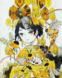 Rule 34 | 1girl, bee, black hair, black nails, bug, clover, expressionless, four-leaf clover, hexagon, highres, honey, insect, limited palette, long sleeves, looking at viewer, maruti bitamin, nail polish, original, oversized insect, painting (medium), portrait, short hair, solo, traditional media, watercolor (medium), wings, yellow eyes