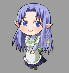 Rule 34 | 1girl, apron, blue eyes, blue hair, blue skirt, blush, braid, chibi, fate/grand order, fate/stay night, fate (series), full body, grey background, hirakawa, long hair, long skirt, looking at viewer, medea (fate), own hands clasped, own hands together, pointy ears, side braid, simple background, skirt, smile, solo, sweater