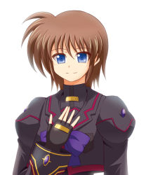 Rule 34 | 1girl, azumaya hironaru, bad id, bad pixiv id, blue eyes, brown hair, dress, fingerless gloves, gloves, hand on own chest, light smile, lyrical nanoha, magical girl, mahou shoujo lyrical nanoha, mahou shoujo lyrical nanoha a&#039;s, mahou shoujo lyrical nanoha a&#039;s portable: the battle of aces, stern the destructor, puffy sleeves, short hair, solo, upper body, white background, wide sleeves