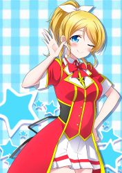 Rule 34 | 1girl, aqua background, artist request, ayase eli, back bow, back ribbon, black bow, black ribbon, blonde hair, blue eyes, blush, bokura no live kimi to no life, bow, bowtie, breasts, buttons, checkered background, collared shirt, dress, female focus, hair between eyes, hair bow, hair ribbon, hand on own hip, hand wave, highres, long hair, looking at viewer, love live!, love live! school idol project, medium breasts, neck ribbon, neckwear request, one eye closed, parted lips, ponytail, red dress, red neckwear, red shirt, ribbon, shirt, short hair, short sleeves, skirt, smile, solo, star (symbol), star print, white bow, white ribbon, white skirt, zero 0w0