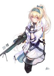 Rule 34 | 1girl, absurdres, artist name, black gloves, blonde hair, bolt action, bow, closed mouth, double-parted bangs, english text, girls&#039; frontline, gloves, green bow, green hairband, gun, hair between eyes, hair bow, hairband, highres, holding, holding clothes, holding gun, holding scarf, holding weapon, jacket, long hair, looking at viewer, ponytail, red eyes, rifle, russian flag, scarf, scope, smile, sniper rifle, solo, sv-98, sv-98 (girls&#039; frontline), tako pipe, very long hair, weapon, weapon name, white jacket, white scarf