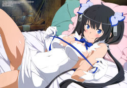 Rule 34 | 10s, 1girl, absurdres, anno masato, black hair, blue eyes, blush, breasts, broom, cleavage, covered navel, dress, dungeon ni deai wo motomeru no wa machigatteiru darou ka, female focus, gloves, hair ornament, hestia (danmachi), highres, indoors, large breasts, leg up, lying, megami magazine, official art, on bed, panties, rei no himo, scan, short dress, smile, solo, sunlight, underwear, white dress, white gloves, white panties