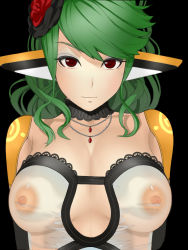 Rule 34 | 1girl, alfa system, bad id, bad pixiv id, breasts, brown eyes, chelsea, chelsea (phantasy star), choker, cleavage, eyeshadow, flower, green hair, hair flower, hair ornament, jewelry, lace, large breasts, long hair, makeup, mimizo, mimizou, necklace, nipples, phantasy star, phantasy star portable, phantasy star portable 2, rose, see-through, smile, solo, swept bangs