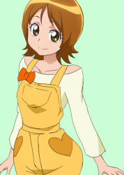 Rule 34 | 10s, 1girl, brown eyes, brown hair, eyelashes, green background, happinesscharge precure!, happy, looking at viewer, oimanji, oomori yuuko, overalls, precure, shirt, simple background, sketch, smile, solo