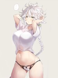 Rule 34 | ..., 10s, 1girl, armpit peek, arms up, beige background, blouse, braid, breasts, brown eyes, choker, cowboy shot, female focus, grey background, hair ornament, highres, kantai collection, large breasts, lingerie, long hair, messy hair, navel, no pants, panties, shirt, simple background, single braid, solo, speech bubble, sumisu (mondo), underwear, unryuu (kancolle), very long hair, white hair, white shirt