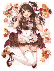 Rule 34 | 1girl, ;d, absurdres, apron, arm up, blush, bow, bowtie, breasts, brown dress, brown footwear, brown hair, cake, cake slice, commentary, double v, dress, food, frilled apron, frilled dress, frills, hair bow, hand up, highres, idolmaster, idolmaster cinderella girls, idolmaster cinderella girls starlight stage, jumping, long hair, looking at viewer, maid headdress, medium breasts, one eye closed, open mouth, puffy short sleeves, puffy sleeves, purple bow, ribbon-trimmed legwear, ribbon trim, shimamura uzuki, shoes, short sleeves, side ponytail, sirurabbit, smile, solo, tea set, teeth, thighhighs, upper teeth only, v, waist apron, white apron, white thighhighs, wrist cuffs
