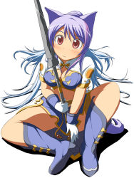 Rule 34 | 00s, 1girl, animal ears, blue footwear, boots, dog ears, highres, judith (tales), kemonomimi mode, knee boots, mirano, polearm, purple hair, red eyes, simple background, sitting, solo, spear, tales of (series), tales of vesperia, weapon