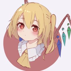 Rule 34 | 1girl, ascot, blonde hair, blush, closed mouth, crystal, flandre scarlet, hair between eyes, highres, long hair, one side up, portrait, r utchi, red eyes, solo, touhou, wings, yellow ascot