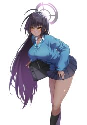 Rule 34 | 1girl, :o, ahoge, alternate costume, bag, bent over, black hair, black skirt, black socks, blue archive, blue bow, blue bowtie, blue cardigan, blue nails, blush, bow, bowtie, breasts, cardigan, carrying, collarbone, collared shirt, commentary request, dark-skinned female, dark skin, feet out of frame, gradient hair, halo, highres, holding, holding bag, karin (blue archive), kneehighs, large breasts, leaning forward, long hair, long sleeves, looking at viewer, miniskirt, multicolored hair, nail polish, open mouth, parted lips, pleated skirt, purple hair, school bag, school uniform, shirt, shishikai, sidelocks, simple background, skirt, socks, solo, standing, thighs, very long hair, white background, white shirt, yellow eyes