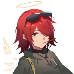 Rule 34 | 1girl, arknights, brown eyes, closed mouth, exusiai (arknights), eyewear on head, food, food in mouth, green jacket, hair over one eye, halo, highres, hua ye, jacket, looking at viewer, mouth hold, pocky, red hair, simple background, solo, sunglasses, upper body, white background