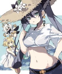 Rule 34 | 3girls, bad id, bad twitter id, belt, bikini, black bikini, black hair, blonde hair, breasts, collarbone, crop top, dress, food, freenote mr, genshin impact, green eyes, halterneck, hand on own hip, hand up, hat, highres, holding, long hair, looking at viewer, lumine (genshin impact), medium breasts, midriff, mona (genshin impact), multiple girls, navel, paimon (genshin impact), parted lips, popsicle, see-through, shirt, short sleeves, side-tie shirt, sidelocks, stomach, straw hat, swimsuit, twintails, upper body, very long hair, white dress, white hair, white shirt