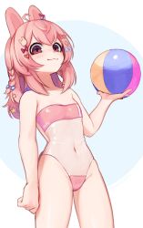 Rule 34 | 1girl, :3, ahoge, animal ears, ball, bare arms, bare shoulders, beachball, braid, brown eyes, commentary, english commentary, gris swimsuit, hair between eyes, hair ornament, hairclip, highres, long hair, looking at viewer, meme attire, navel, one-piece swimsuit, phase connect, pink hair, pipkin pippa, see-through, see-through one-piece swimsuit, smile, swimsuit, virtual youtuber, yoako